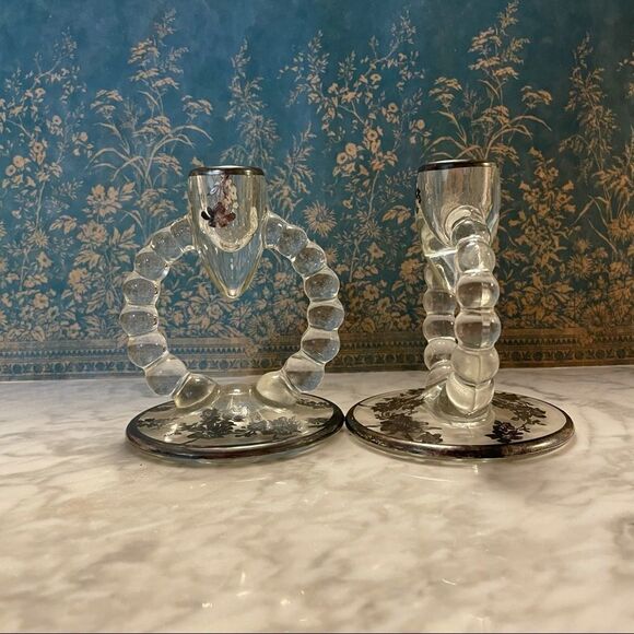 Pair of Circle Silver Overlay Floral Candesticks - Picture 1 of 10